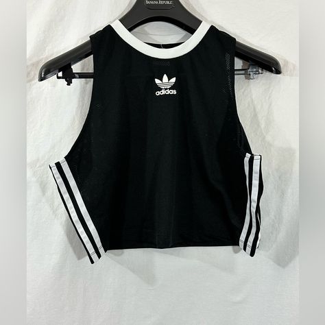 Adidas Mesh Crop Tank In Black With 3 White Stripes At The Side Material Is Stretchy Adidas Logo In The Center Is Like A Patch Made Of Felt Material Never Worn, Tags Fell Off Measurements: Chest - 42" Length - 17" Ribbed Racerback Tank Top, Adidas Tank Top, Adidas Design, Tennis Tops, Running Tank Tops, Purple Tank Top, Felt Material, Sport Tank Tops, Birthday List