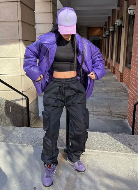 How To Style Purple Cargo Pants, Purple Streetwear Outfit, Deep Purple Outfit, Purple Cargo Pants For Streetwear, Oversized Purple Tops For Streetwear, Purple Streetwear Cargo Pants With Side Pockets, Purple Outfits Black Women Streetwear, Purple Streetwear, Skate Outfit