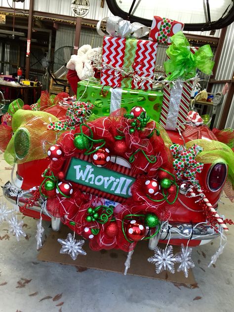 Looks as loaded down as the sled in the movie.  Grinch Sled The Grinch Christmas Parade Float Ideas, Grinch Golf Cart Parade, Holiday Parade Floats Grinch, Grinch Sled Diy, Christmas Parade Wagon Ideas, Elf Christmas Float Ideas, Whoville Trunk Or Treat Ideas, Golf Cart Christmas Parade Ideas Grinch, Grinch Car Decorations For Parade