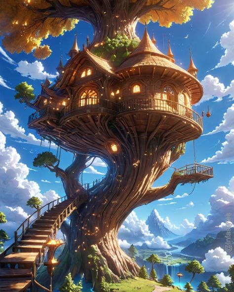 The Treehouse Like, comment & follow @infastyles #treehouse #elves #inspiration #camp #home #anime #ai #fantasy #magical #community #trail #explore #beautiful #nature #design #style #poster Tree House Anime, Treehouse Fantasy Art, Fantasy Treehouse, Building Inspiration, Diorama Ideas, Tree Houses, Book Nook, Fantasy Concept Art, Book Nooks