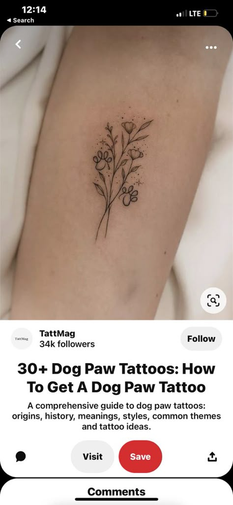 Flower Tattoo With Paw Print, Wildflower Dog Tattoo, Dog Birth Flower Tattoo, Paw Print Flower Bouquet Tattoo, Dog Tattoo On Ribs, Late Pet Tattoo, Flower Paw Tattoo, Paw Print Bouquet Tattoo, Dog Themed Tattoos