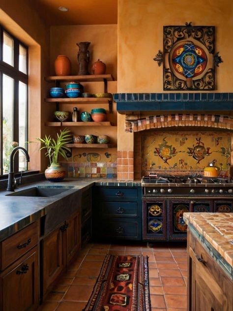 Hacienda Style Homes Mexican Kitchen, Mexican Houses Interior, Mexican Kitchen Design, Hacienda Style Homes Mexican, Hacienda Style Kitchen, Kitchen Exhaust Fan, Hacienda Kitchen, Moroccan Style Home, Spanish Home Decor