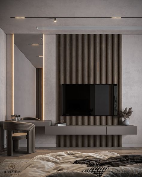 Tv Unit Bedroom, Ruang Tv, Hotel Room Interior, Bedroom Tv Wall, Unique Bedroom Design, Hidden Cabinet, Guest Bedroom Design, تصميم داخلي فاخر, Living Area Design