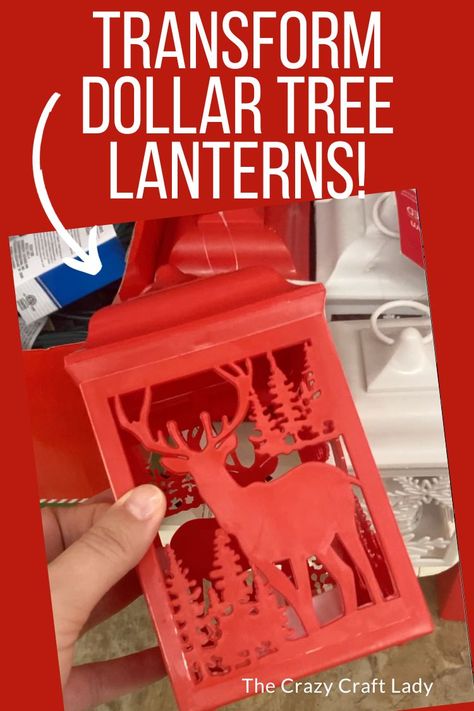 Dollar Store Lanterns, Red Christmas Lanterns Decorating Ideas, Open Lanterns Decor, Christmas Lanterns With Candles, Dollar Tree Wooden Christmas Tree Diy, Diy Christmas Lantern Post, Lanterns From Jars, Christmas Latern Decor, Diy Candle Holders Ideas Dollar Tree