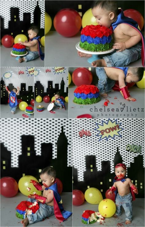 Superhero Cake Smash, Super Hero First Birthday Party Ideas, Superhero First Birthday Party, Superhero Smash Cake, Superhero First Birthday, Hero Cake, Cake Smash Theme, Superman Birthday, Smash Cake Boy