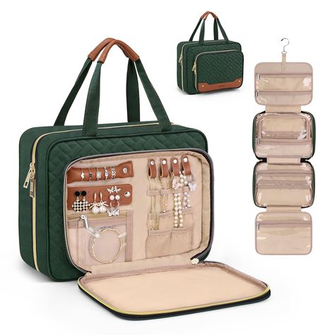 PRICES MAY VARY. Extra Jewelry Compartment : Wedama toiletry travel bag is design with jewelry organizer compartment. It is more than a toiletry bag, but also a jewelry organizer. We add compartment in the front pocket of travel bag for rings, ear rings, bracelet, bangle , necklace, and other jewelries, meeting your travel toiletries and makeup needs. Large Capacity: 12 x 4.3 x 9 inches (rolled), 12 x 38.1 inches (open). You can quickly put all the cosmetics, skin care products, shower gel, sham Travel Medicine Bag, Best Travel Accessories Woman, Travel Assessories For Women, Travel Must Haves For Women, Bathroom Dark Green, Packing Organization, Essential Aesthetic, Gym Supplies, Bathroom Dark