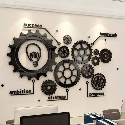 Modern Wall Clock Decoration For Your Home Get Ideas & Decorate Wall | Home Decorating Ideas Pola Cat Dinding, Office Wall Graphics, Gear Wall, Office Wall Design, Office Culture, Office Background, Mandala Tapestries Wall Hangings, Creative Office, Office Branding