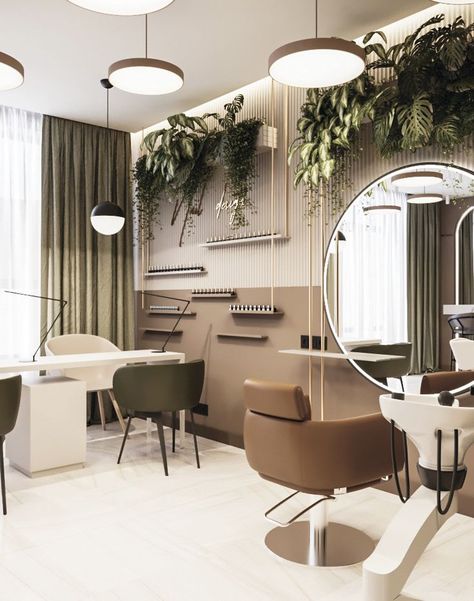 Salon Earthy Decor, Beauty Salon Pedicure Station, Salon Interior Color Ideas, Beautiful Salons Interior, Boho Style Beauty Salon, Boho Themed Hair Salons, Salon Decorating Ideas Modern, Salon Decor Green, Green Salon Ideas