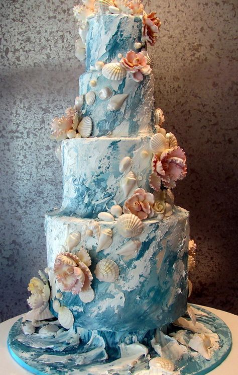 Ocean Shells | Big Wedding cake with an ocean theme. Cake is… | Flickr Ocean Theme Cake, Ocean Wedding Cake, Beach Theme Wedding Cakes, Beach Themed Cakes, Ocean Shells, Ocean Cakes, Big Wedding Cakes, Dream Beach Wedding, Sea Cakes