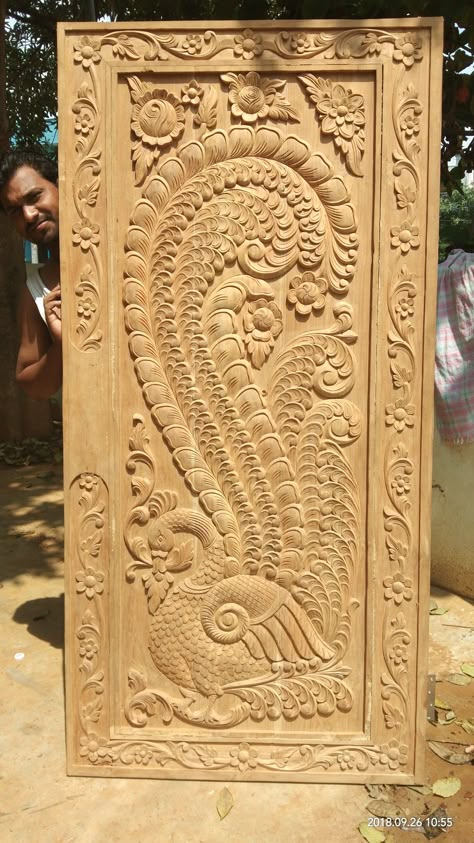 Carved wood door Door Carving Design, Main Door Design Entrance, Wood Carving Door, Door Design Entrance, दरवाजा डिजाइन, Door Carving, Entrance Wall, House Main Door Design, Door Design Photos