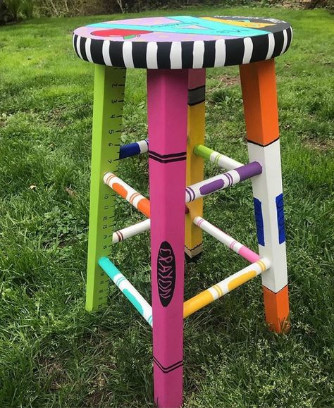 Painted Teacher Stool, Teacher Stool, Teacher Stools, Teacher Chair, First Classroom, Classroom Stools, Teacher Chairs, Diy Rocking Chair, Painting Teacher