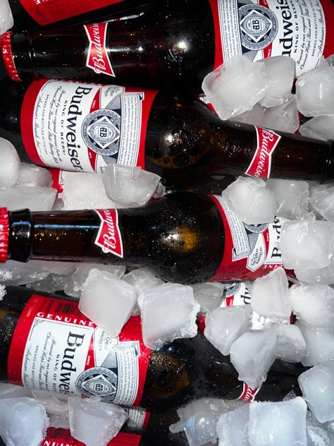 Budweiser beer bottles in alternating formation with ice Budweiser Aesthetic, Frat Aesthetic, Beer Budweiser, Spring Playlist, Beer Aesthetic, Dad Aesthetic, The Outsiders, Beer, Queen