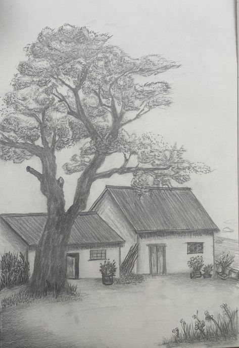 Big Pencil Drawings, Two Perspective Drawing Buildings, Sketching Of Nature, Things To Draw Landscape, Sketch Ideas Landscape, Senery Pic Drawing, Realistic Sketches Nature, Cool Sketches Pencil, Art Sketches Pencil Creative Easy Ideas