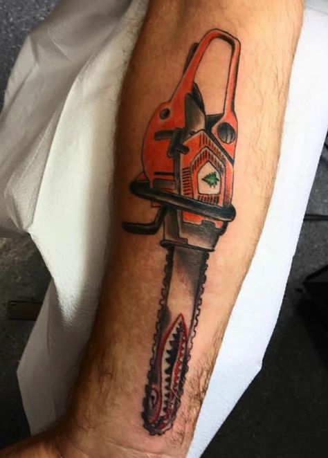 Traditional style Chainsaw by Steve!  #920tattoocompany #920tattooco #920tattoo #920 #oshkoshwi #oshkosh #chainsaw #chainsawtattoo #forearmtattoo #guyswithtattoos #traditionaltattoo Chainsaw Tattoo, Chainsaw Man Tattoo, Man Tattoo Ideas, Small Chainsaw, Power Chainsaw Man, Power Chainsaw, Man Tattoo, Tattoo Small, Forearm Tattoo