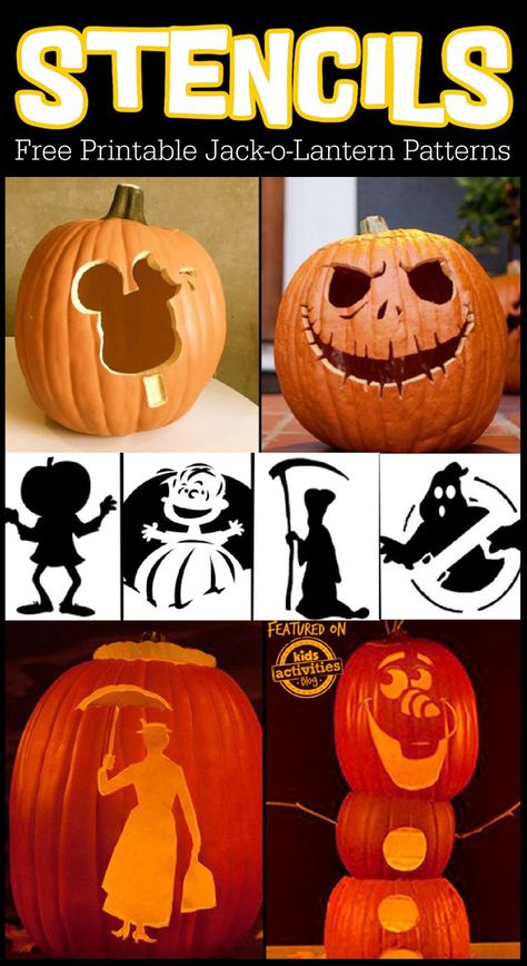 Text: Free printable jack o lantern pattern stencils - collage of different finished carved pumpkins for Halloween using stencils and several stencil pattern printables - Kids Activities Blog Jackolantern Patterns Templates, Jack O Lantern Patterns, Pumpkin Carving Printables, Jack Skellington Pumpkin Carving, Pumpkin Carving Stencils Easy, Free Printable Pumpkin Carving Stencils, Disney Pumpkin Carving Templates, Printable Pumpkin Carving Stencils, Pumpkin Carving Stencils Templates