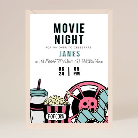 Movie Night Birthday Party Invitation | Editable on Corjl https://etsy.me/3lAAJQo #birthday #movienightparty #movieparty #oscarsparty #birthdayinvitation #editabletemplate #digitaldownload #simplemodernparty Backyard Movie Party Invitations, Movie Night Invitations Free, Backyard Movie Night Invitations, Movie Night Invitations Template, Movie Night Themed Birthday Party Zazzle, Movie Night Invitations Zazzle, Movie Night Birthday, Night Birthday Party, Movie Night Invitations