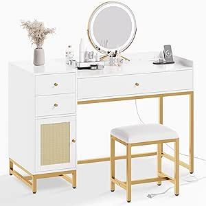 Lamerge Makeup Vanity Desk with Stool, Rattan Makeup Table Vanity Table Set with Power Outlet,Dressing Table with Drawers & Cabinet, Makeup Desk for Bedroom,Women, Girls, White+Gold Desk Vanity Combo, Desk With Stool, Boho Vanity, White And Gold Dresser, Cabinet Outlet, Bedroom Women, Office Table And Chairs, Vanity Inspo, Desk Vanity