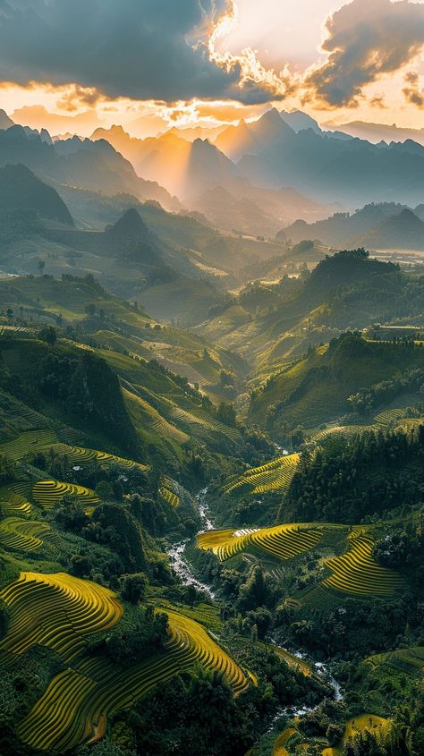 "Majestic Mountain #SunrisePhotography: A breathtaking view of the sun casting golden hues over terraced fields in a mountain valley. #MountainView #TerracedLandscape #ScenicValley #GoldenHour #AIArtistry #AIPhotography #StockCake ⬇️ Download and 📝 Prompt 👉 https://stockcake.com/i/majestic-mountain-sunrise_724076_445034" Sunrise Images, Mountain Sunrise, Mountain Valley, Sea Design, Halloween Illustration, Sunrise Photography, Mountain Landscape, Mountain View, Breathtaking Views