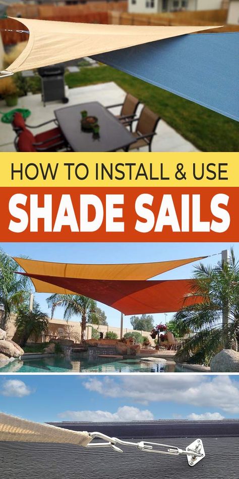 How to Install & Use Shade Sails • The Garden Glove Shade Sails Patio Diy, Pool Shading Ideas, How To Install Shade Sails, Tarps For Shade Patio, Pool Shade Sail Ideas, Shade Covers Outdoor, Diy Sail Shade Post, Shade Sail Ideas Backyards, Sail Shade Post Ideas