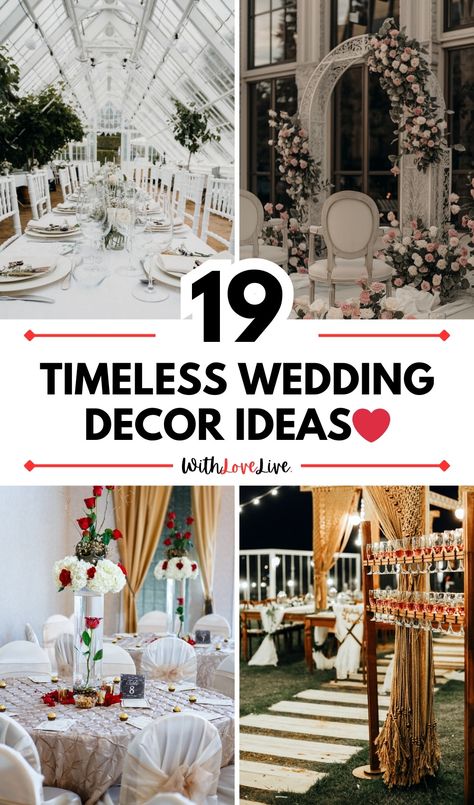 A timeless wedding decor is the ultimate way to ensure your big day is infused with your unique story and will be a celebration that you will look back on fondly for years to come. Selecting a wedding theme that will remain a classic and genuinely reflect the couple’s story is truly a dream come true. Decorating Ideas For Wedding Reception, Timeless Wedding Theme Ideas, Wedding Venue Decorations Indoor, Timeless Wedding Theme, Classic Wedding Aesthetic, Classic Wedding Theme, Timeless Wedding Decor, Modern Classic Wedding, Elegant Wedding Decor