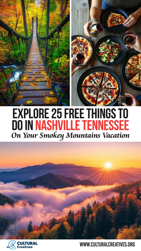 Colorful fall foliage on a suspension bridge, friends sharing pizza, and a scenic mountain sunrise represent the experiences highlighted in Explore 25 Free Things To Do in Nashville Tennessee. Things To Do Outside Of Nashville, Things To Do Tennessee, Tennessee Day Trips, Best Places To Visit In Tennessee, Must See In Nashville Tn, Fun Things To Do In Nashville Tn, Nashville To Do, Things To Do In Nashville With Kids, Things To Do In Nashville Tennessee