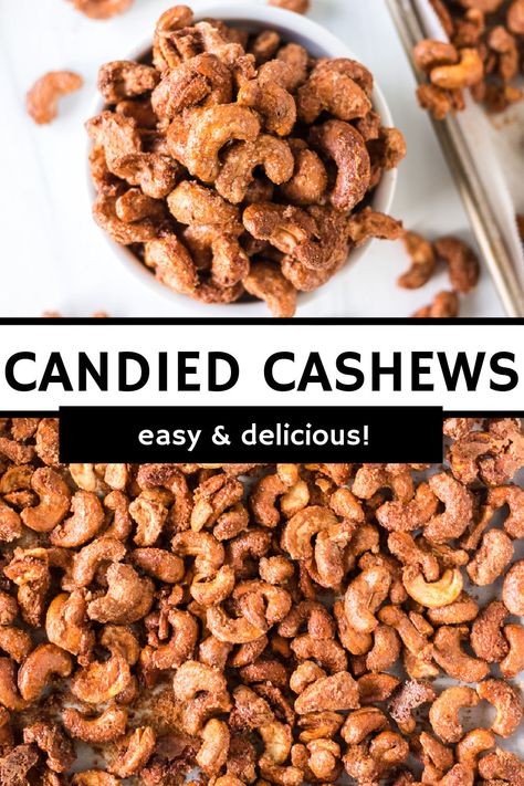 Easy Candied Cashews are crunchy, a little bit salty, and a little sweet with the cinnamon sugar coating. Perfect for snacking or gifting! | www.persnicketyplates.com Cinnamon Roasted Cashews, Cinnamon Cashews Roasted, Cashew Candy Holidays, Cinnamon Sugar Cashews, Cashew Snack Ideas, Candy Cashews Recipes, Candied Cashews Easy, Cashew Nuts Recipe, Cashew Ideas