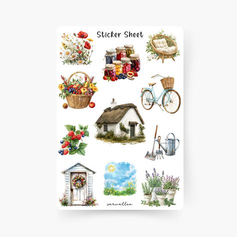 Summer Cottage Core Sticker Sheet, Sommer, Farm, Frühling, Cottage Core, Blumenfeld, Hütte Cottage Core Stickers, Scrapbooking Journal, Summer Cottage, Flower Field, Sticker Sheet, Cottage Core, Gift Registry, Sticker Sheets, Sticker Paper