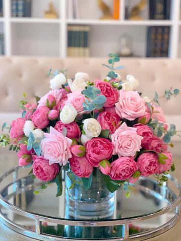 Real Touch Roses Faux Flower Arrangements Peony Centerpiece, Country Dining Table, Peony Flower Arrangements, French Country Dining Table, Pink Flower Arrangements, Peonies Centerpiece, Tattoo Plant, Peony Arrangement, Large Floral Arrangements