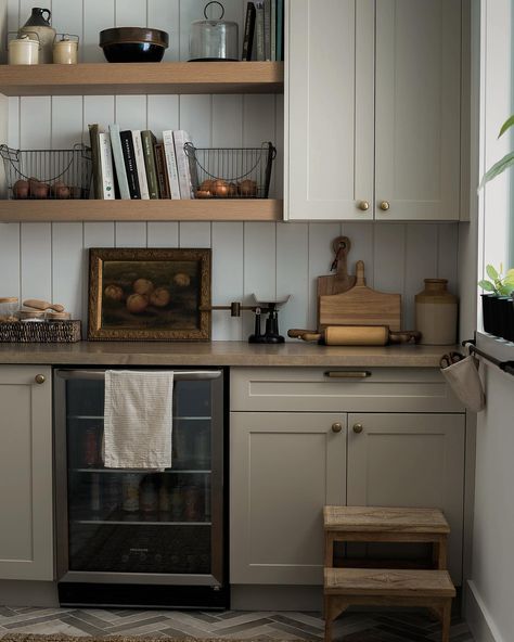 Green cabinets, pantry farmhouse rustic cabinets open shelves butcher block Butcher Block Counter Pantry, Butler Pantry Open Shelving, Butlers Pantry Fridge, Butlers Pantry Butcher Block, Pantry Shelf Styling, Butchers Pantry Ideas, Beverage Fridge In Pantry, Pantry Butcher Block, Open Butlers Pantry