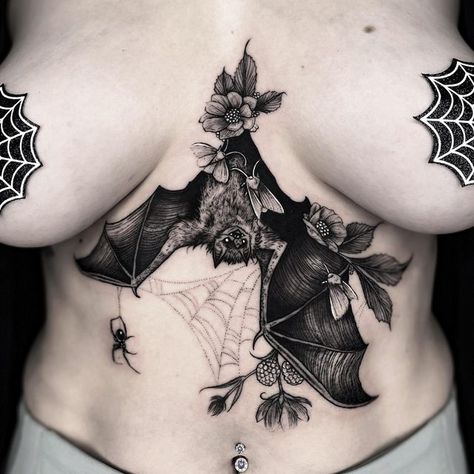 Bats Tattoo Design, Bat Tattoo, Chest Piece Tattoos, Full Body Tattoo, Spooky Tattoos, Gothic Tattoo, Stomach Tattoos, B Tattoo, Dream Tattoos