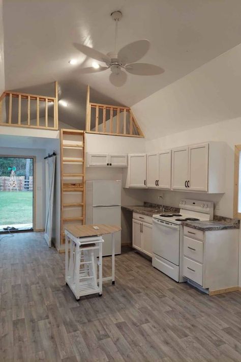 This 12x40 converted shed tiny home is a great family home with a small footprint! Three sizable sleeping areas including main floor bedroom! Tiny House With 2 Lofts, 12 X 40 Tiny House Floor Plans, 16x30 Shed House Plans, Livable Sheds Floor Plans, 12x40 Shed House Interior, Shed To Home Conversion, Shed Homes Interior, Shed House Interior, Shed To Home