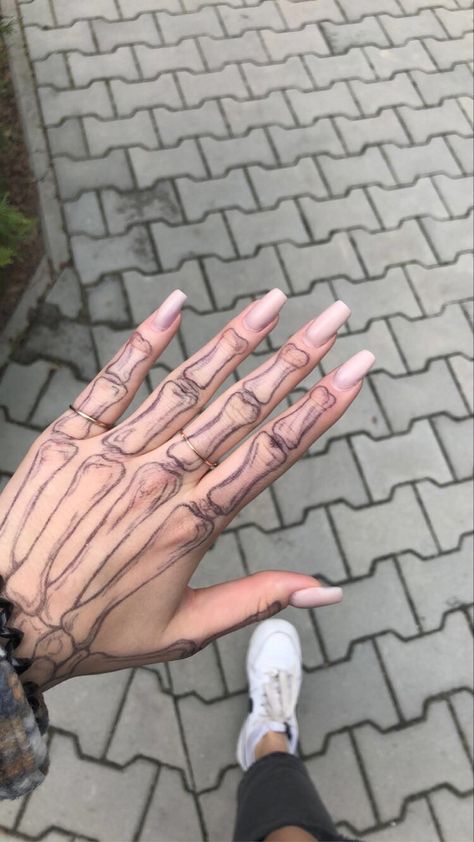 Drawing A Skeleton Hand On My Hand, Skull Hand Tattoo Drawing, Halloween Tattoo Hand, Skull On Hand Drawing, Pen Skeleton Drawing On Hand, Tattoo Ideas Skeleton Hand, Scelotin Hand Tattoo, Skelton And Hand Tattoo, How To Do A Skeleton Hand