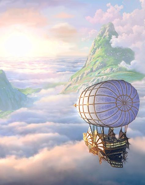 Adventure on a steampunk airship at sunrise! Visit another world of mountaintop islands above the clouds and sail the sky Sky Ship Fantasy Art, Rhea Goddess, Flying City, Sky Pirate, Flying Ships, Airship Art, Npc Ideas, Steampunk Dragon, Steampunk Airship