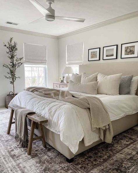 21 Inspiring Cozy Bedroom Design Ideas To Make Your Haven Hall Bathroom Update, Bedroom Decor With Sitting Area, Country Chic Master Bed, Bed Frame With Upholstered Headboard, Magnolia Homes Joanna Gaines Master Bedrooms, Gray Scheme Bedroom, Accent Rug Over Carpet Bedroom, Bedroom Canvas Wall Art, Grey And Creme Bedroom