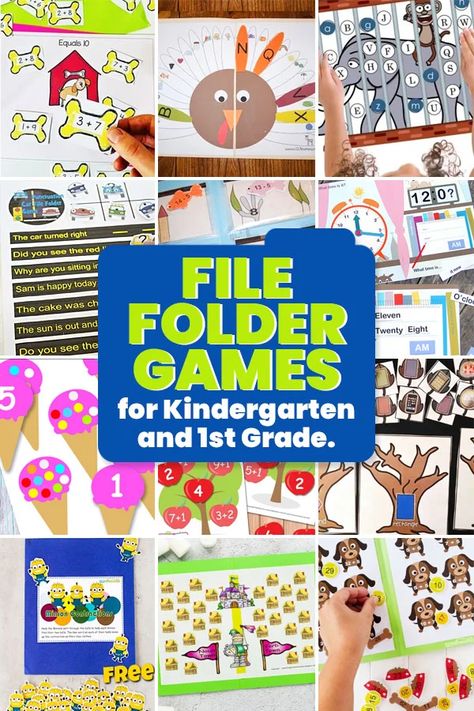 If you're looking for engaging and reusable learning activities for kindergarten and first grade students, these file folder games are just what you need! These file folder activities cover a variety of skills including additon, money, telling time, rhyming, word blends, and more! Simply pick the file folder fun you want to try and print the free file folder game! File Folder Games Kindergarten, File Folder Activities Free Printables Preschool, Math File Folder Games 1st Grade, File Folder Games For First Grade, Free Printable File Folder Activities, File Folder Games For Kindergarten, First Grade Busy Binder, Thanksgiving File Folder Games, Math File Folder Games For Kindergarten