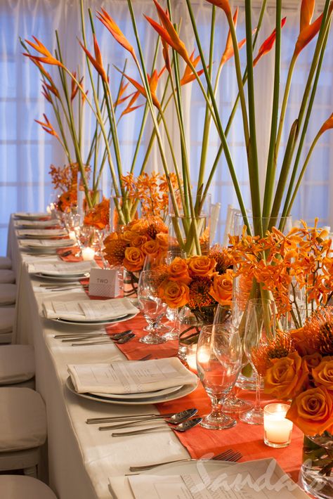 Your wedding your style www.romewithustravel.net Elegant Orange Wedding Decor, Orange Wedding Reception Decor, Sunset Wedding Theme Decoration, Orange Reception Decor, Sunset Inspired Wedding Flowers, Orange Flowers Table Decor, Orange Wedding Reception, Tropical Wedding Centerpieces, Deco Orange