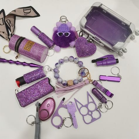 17-piece Purple Keychain Set Key Knife, Purple Keychain, Mini Suitcase, Bee Free, Pill Bottle, Window Breaker, Self Defense Keychain, Butterfly Bags, Self Defense Tools