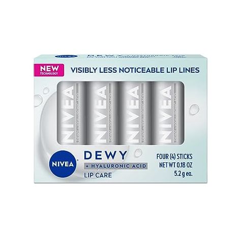 NIVEA Dewy Lip Care with Hyaluronic Acid, Lip Balm Leaves Visibly Less Noticeable Lip Lines and No Waxy Feel, 0.18 Oz, Pack of 4 Hyaluronic Acid Lips, Nivea Lip Balm, Lip Balm Brands, Soften Lips, Lip Balm Set, Hydrating Lip Balm, Lip Products, Moisturizing Lip Balm, Cosmetic Containers