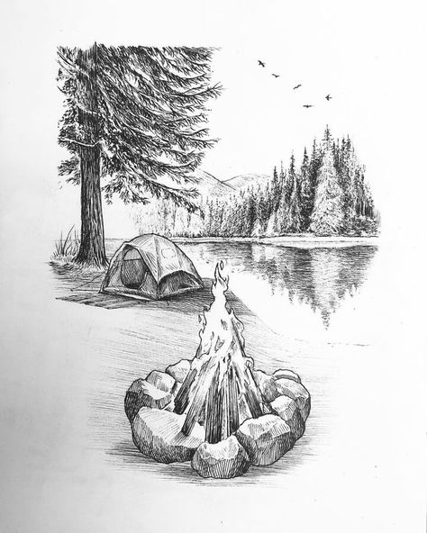 ink drawing Campsite Tattoo Design, Camping Ink Drawing, Lake Ink Drawing, Camp Fire Sketch, Campfire Illustration Art, Camping Scene Drawing, Camp Fire Tattoo Ideas, Fire Camp Drawing, Camping Sketch Drawings