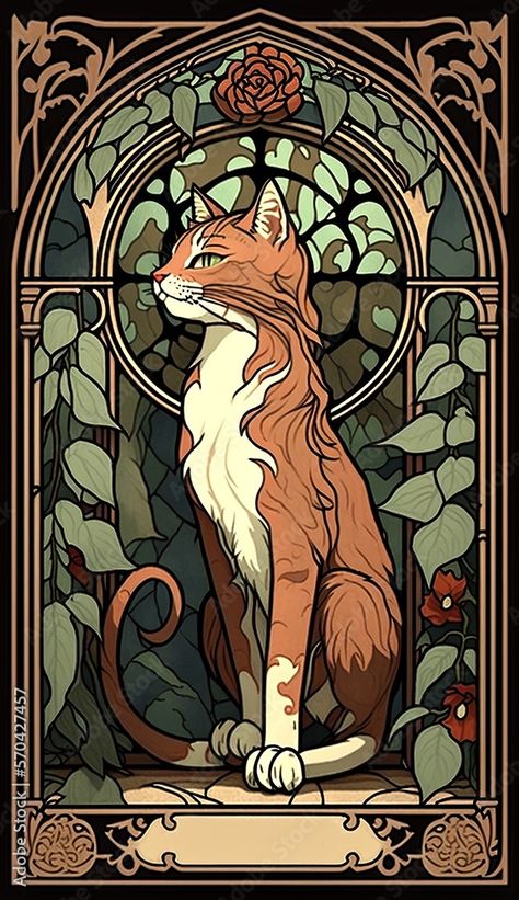 Ginger cat Art Nouveau Poster, Illustration, AI Generative Stock Illustration | Adobe Stock Digital Art Nouveau, Art Nouveau Tarot Illustration, Cat Tattoo Illustration, Art Nouveau Wall Art, Art Nouveau Animals Illustration, Art Nouveau Witch, Cat Mural Ideas, Ginger Cat Tattoo, Ginger Cat Drawing