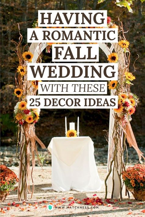 Decorating your fall wedding altar with a white table is an interesting idea so it will look elegant. Then you can add an arch made of twig and blooming flower to make it look more beautiful. A sprinkling of flowers on the floor will add a romantic feel to your fall wedding decorations. #fallwedding #weddingdecoration #falldecoration Simple Fall Wedding Ceremony Decor, Fall Wildflower Wedding Decor, Fall Arbor Wedding, Fall Wedding Arches Outdoor, Fall Wedding Altar, Autumn Wedding Arch, Fall Wedding Aisle Decorations, Flowers On The Floor, Fall Wedding Arch