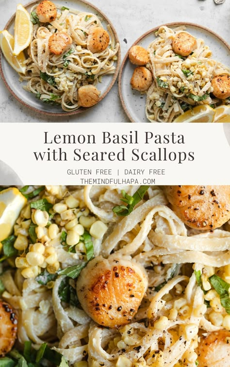 Lemon Basil Sauce, Scallop Recipes Healthy, Scallop Recipes Pasta, Lemon Basil Pasta, Summer Pasta Dishes, Scallop Pasta, Lenten Recipes, Basil Pasta, Seared Scallops