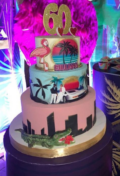 Miami Vice Theme Party Decor, Miami Vice Cake Ideas, Miami Vice Birthday Party Theme, Miami Vibes Party Theme, Miami Party Theme, Miami Cake Ideas, Miami Vice Party Invitation, Miami Vice Party, Hibiscus Cake