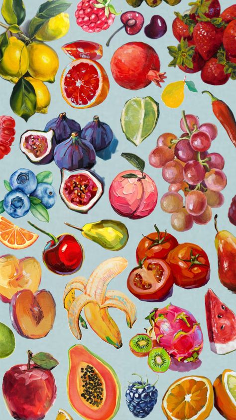 #fruit #fruity #background #wallpaper #painting #art #aesthetic #lockscreen Fruity Background, Fruit Collage, Wallpaper Painting, Painted Fruit, Aesthetic Lockscreen, Fruit Wallpaper, Witchy Wallpaper, Fruit Painting, Art Painting Gallery