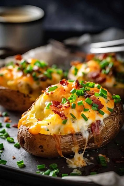 Baked Loaded Potatoes, Double Baked Potatoes, Loaded Potatoes, Thanksgiving Side Dishes Easy, Stuffed Baked Potatoes, Comforting Dinner, Baked Potato Recipes, Potato Recipes Side Dishes, Loaded Potato