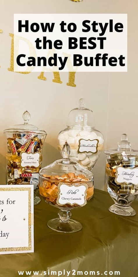 Learn how to create the best candy buffet for your next event. Impress your guests with a dessert bar filled with treats. Glass apothecary jars are the perfect way to display your candy bar. The lids keep treats contained. Use scoops to serve candy from containers. Candy buffet can be large or small just follow our tips to set up a dessert table at your next party or event. People can serve themselves and it looks beautiful as part of your décor too. Kids & adults will love a candy buffet! Treat Table Set Up, Buffet Table Display, Candy Bars Ideas, Wedding Candy Bar Buffet, Candy Buffet Containers, Candy Buffet Table, Candy Bar Table, Candy Buffet Signs, Wedding Candy Table