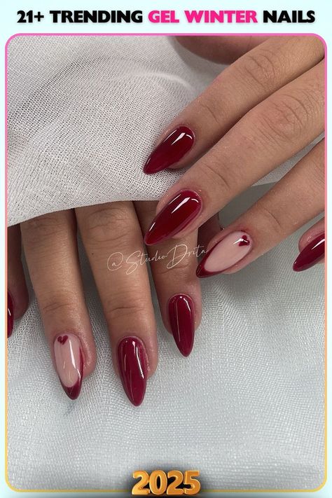 Glossy red gel nails with heart tips and a sleek finish. Romantic and festive, these nails combine bold color with playful accents, ideal for winter outfits or seasonal events. Cherry Red Nail, Cherry Red Nails, February Nails Ideas, Snowflake Art, Deep Red Nails, Wine Nails, Aura Nails, Winter Nail Ideas, Elegant Nail Art