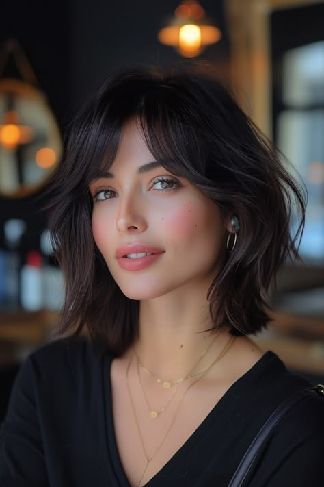 Short Hairstyles With Bangs For Women, Women’s Short Hair With Bangs, Layered Short Length Hair, Dark Hair Bob With Bangs, Trendy Hair Cuts 2024 Women, Curtain Bangs On Bob, Short Hair With Short Curtain Bangs, Long Bob With Bangs And Layers, Short Black Hair With Curtain Bangs