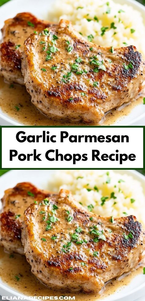 Looking for a quick yet impressive dinner? These Garlic Parmesan Pork Chops are an easy dinner recipe that brings restaurant-quality flavors to your kitchen, making them an excellent choice for family meals and special occasions alike. Garlic Crusted Pork Chops, Pork Chop Ideas Easy Recipes, Supper Ideas Pork Chops, Fast Pork Chop Recipes Easy Dinners, Simple Pork Chops, Garlic Pork Chops Crock Pot, Stuffed Porkchops Dinner Ideas, Garlic Parm Pork Chops, Ww Pork Chop Recipes