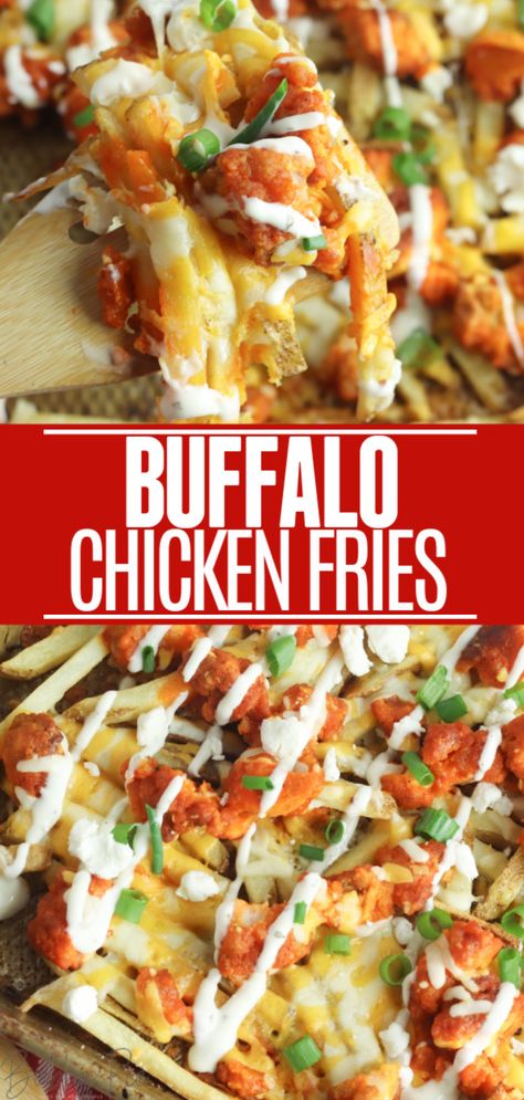 Buffalo Chicken Fries Recipes, Chicken Tenders Buffalo, French Fries Loaded, Fries Nachos, Loaded Fries Recipe, Buffalo Chicken Fries, Buffalo Fries, Chicken Nachos Recipe, Chicken Fries